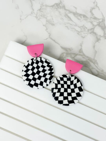 Black, White & Pink Geometric Clay Dangles