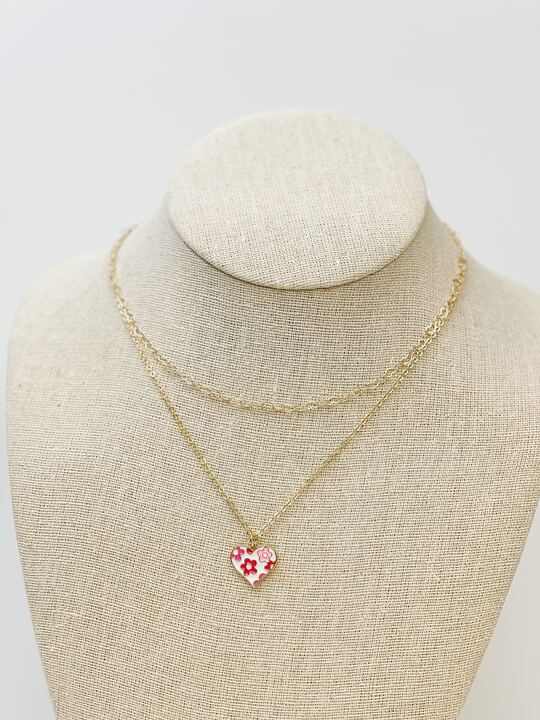 Blush Flower Heart Enamel Pendant Necklace