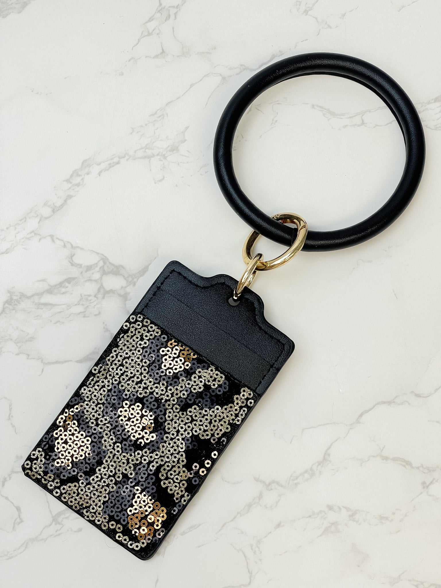Sequin Leopard Key Ring Card Holder - Gold