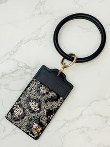 Sequin Leopard Key Ring Card Holder - Gold
