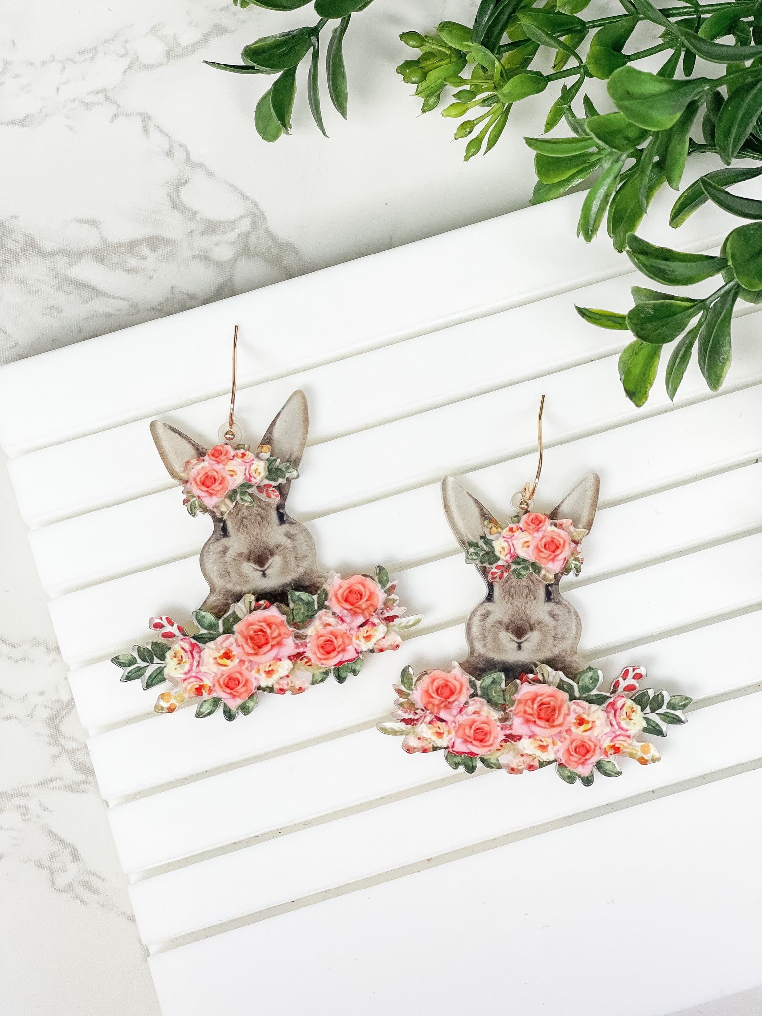 Floral Bunny Rabbit Dangle Earrings