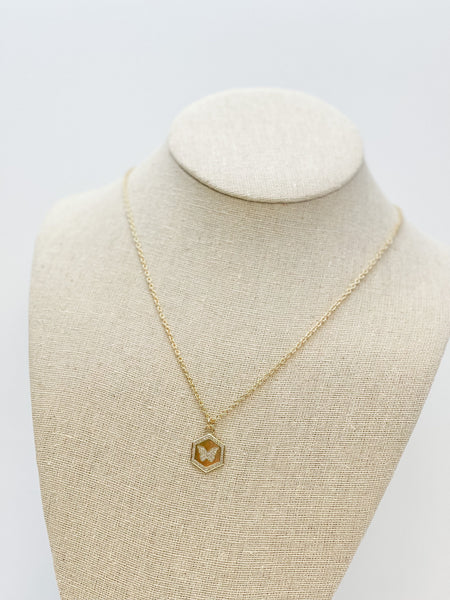 Pave Butterfly Hexagon Pendant Necklace