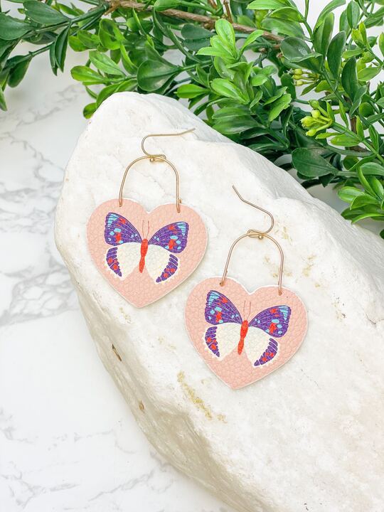 Butterfly Printed Heart Dangle Earrings