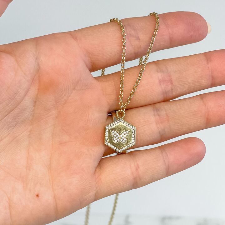 Pave Butterfly Hexagon Pendant Necklace