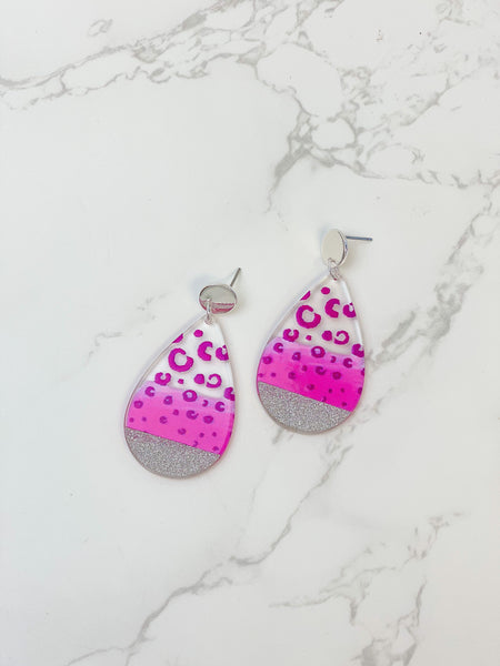 Cheetah Painted Clear Glitter Dangle Earrings