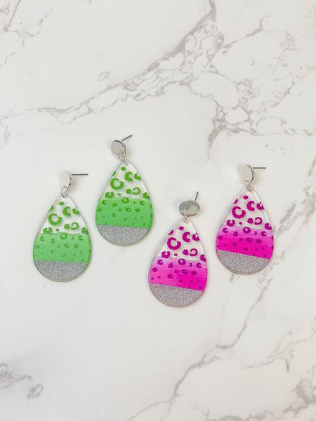 Cheetah Painted Clear Glitter Dangle Earrings