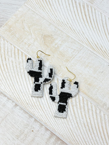 Seed Bead Cow Print Cactus Dangle Earrings