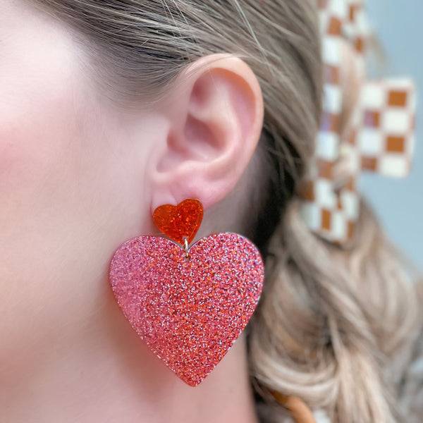 Glittery Double Heart Dangle Earrings