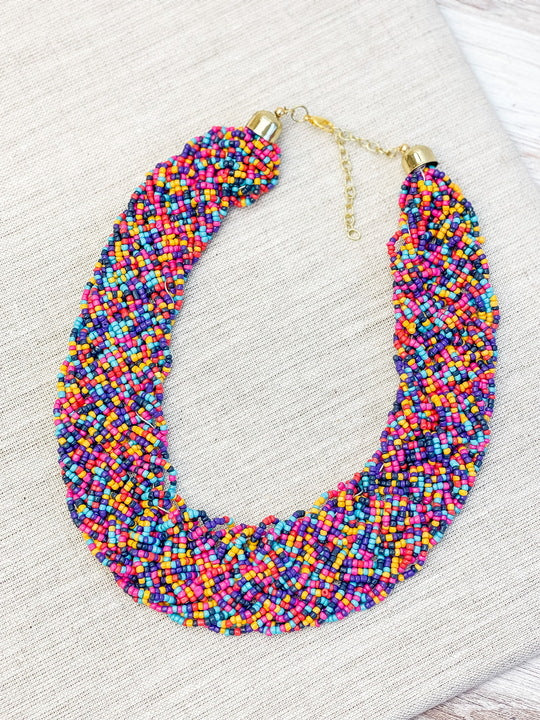 Braided Seed Bead Bib Necklace - Dark Multi