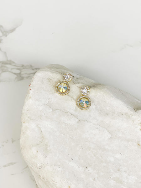 Round Crystal Drop Stud Earrings - White