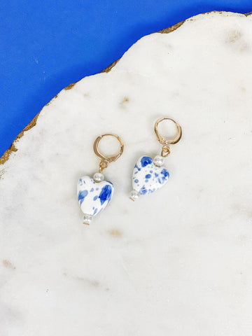 Blue & White Ceramic Pearl Drop Earrings