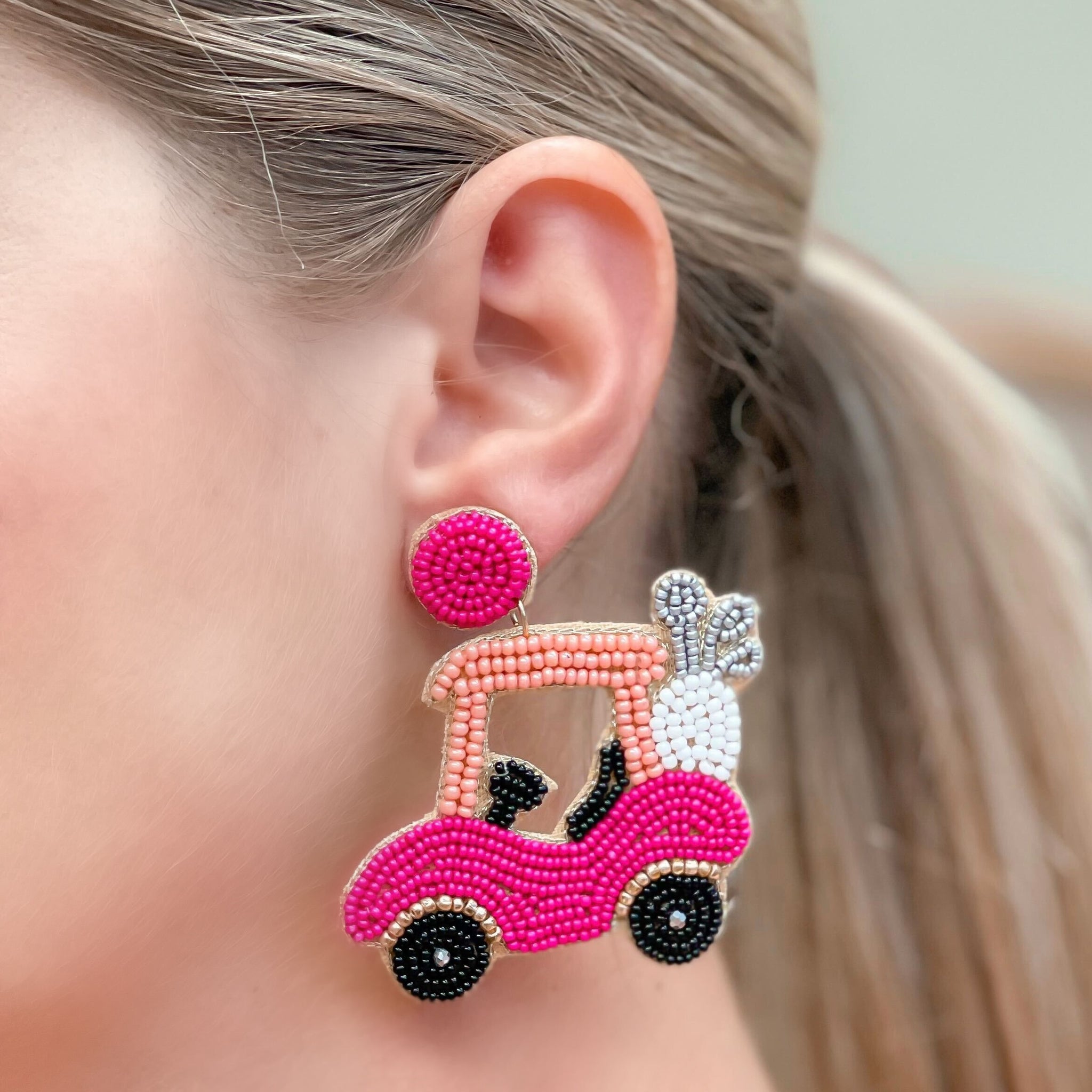 Pink Golf Cart Beaded Dangle Earrings