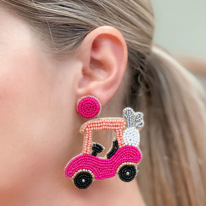 Pink Golf Cart Beaded Dangle Earrings