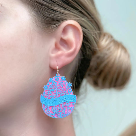 Blooming Floral 'Happy Easter' Egg Dangle Earrings