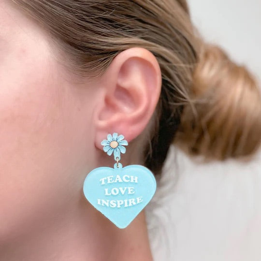 'Teach Love Inspire' Heart Dangle Earrings