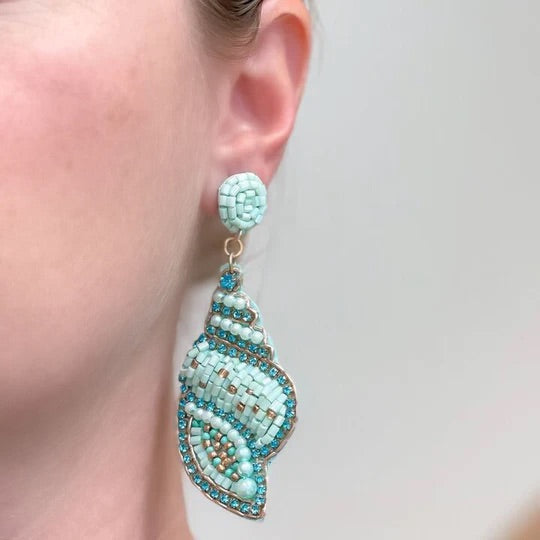 Beaded Rhinestone Shell Dangle Earrings