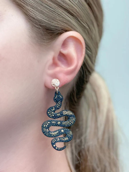 Gold & Leather Snake Drop Dangle Earrings