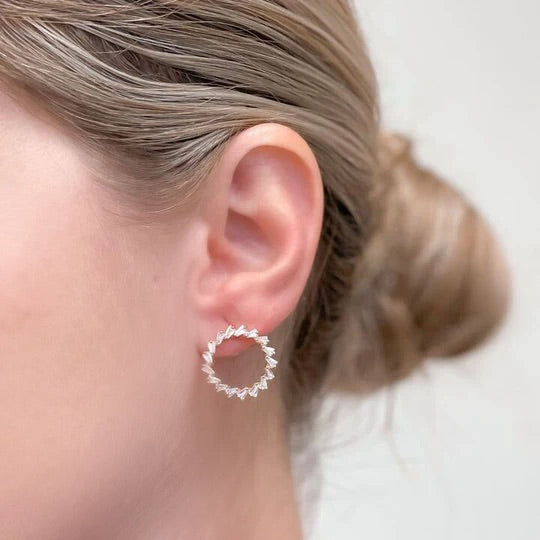 Cubic Zirconia Baguette Open Circle Stud Earrings
