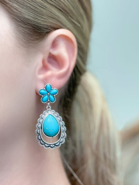 Western Turquoise Teardrop Cutout Drop Earrings