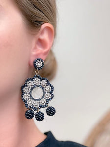 Crystal Flower Beaded Dangle Earrings - Pewter