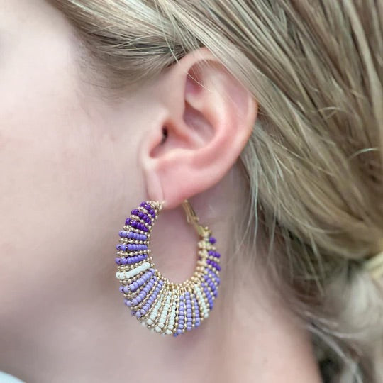 Beaded Crescent Moon Hoop Earrings