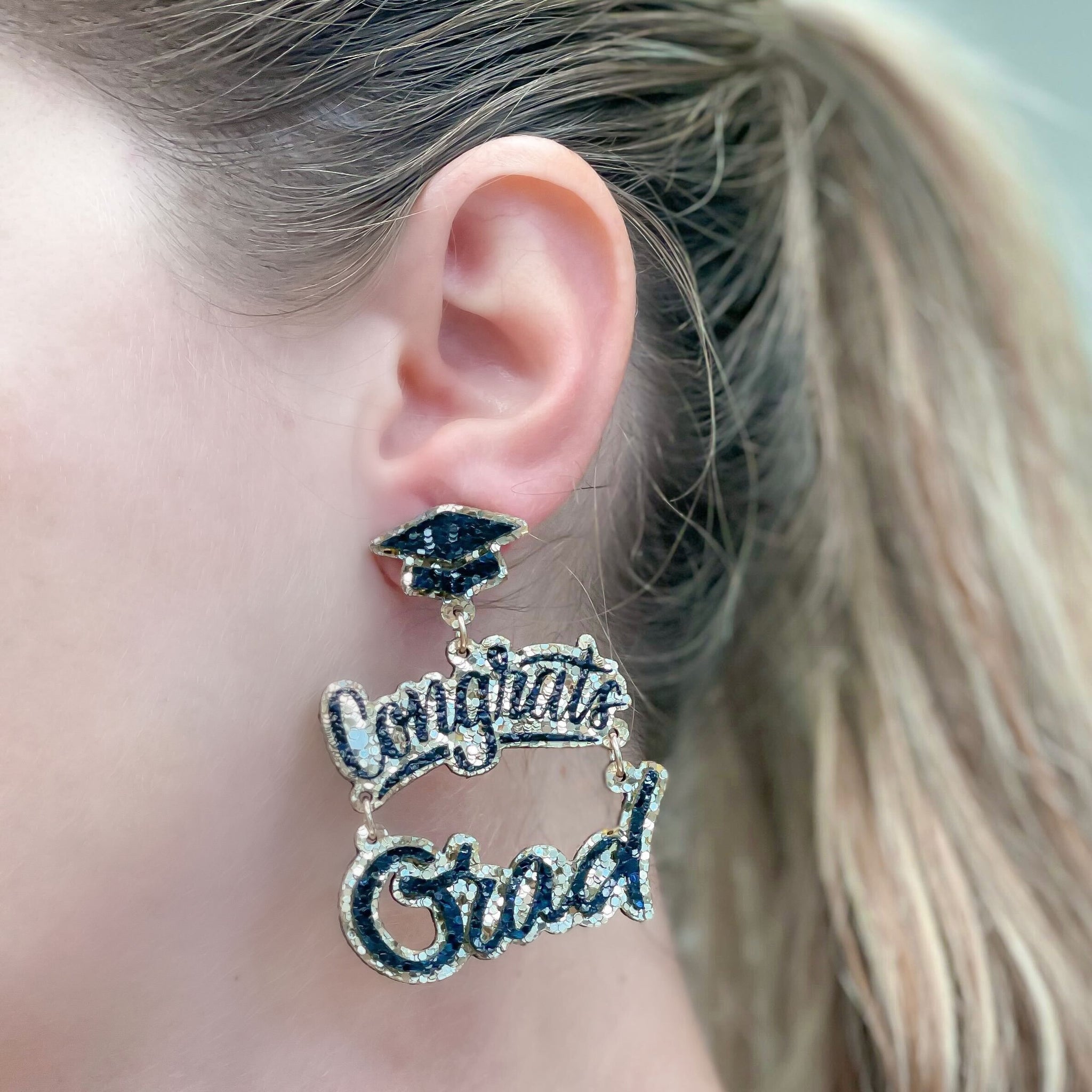 Gold Glitter Cursive 'Congrats Grad' Dangle Earrings