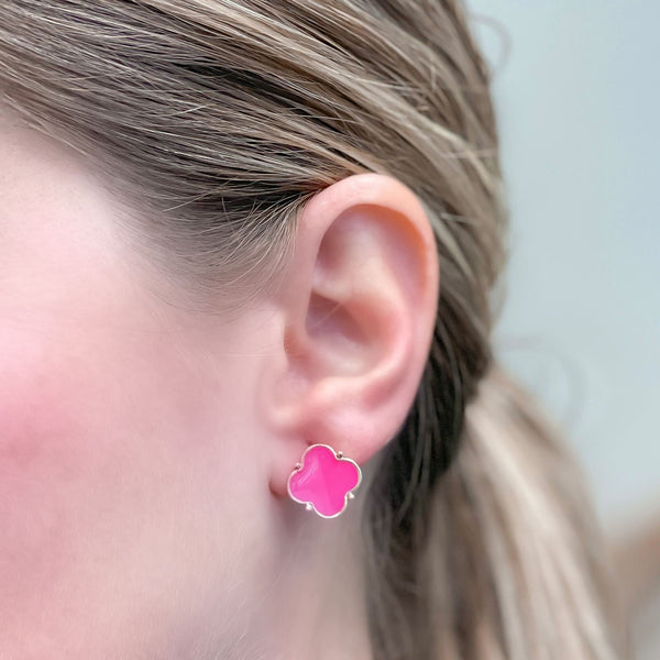 Classic Clover Enamel Stud Earrings - Pink