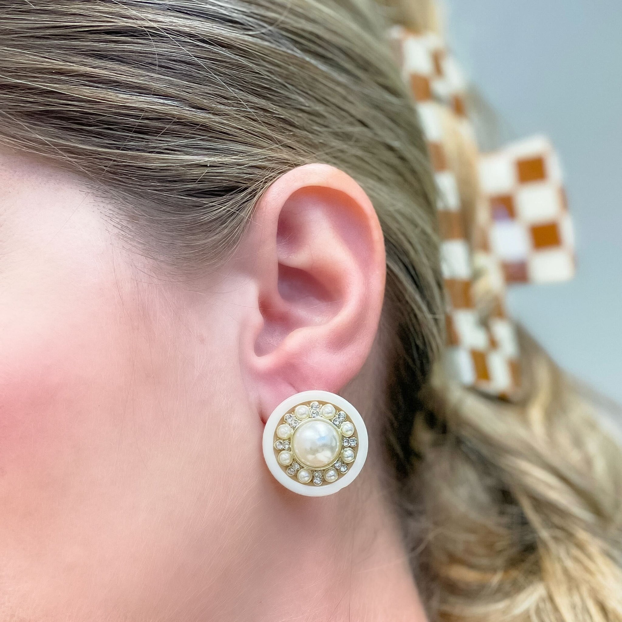 Glitzy Pearl Medallion Post Earrings
