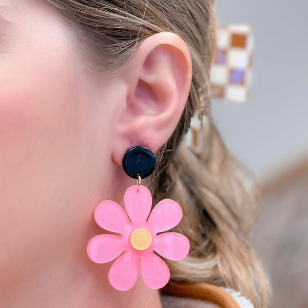 Groovy Glitter Flower Dangle Earrings