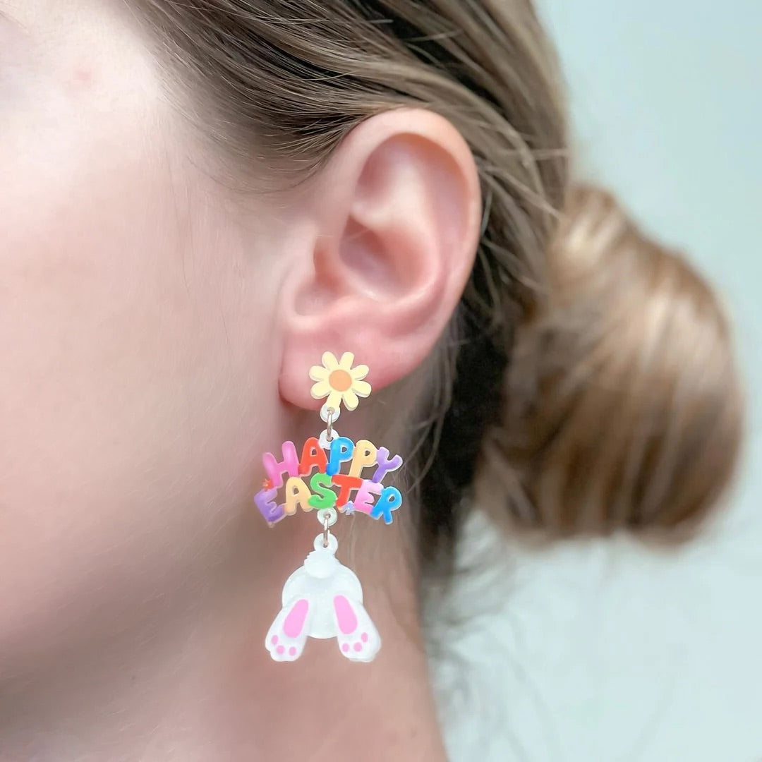 'Happy Easter' Bunny Tail Dangle Earrings