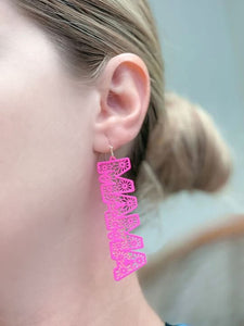 'Mama' Hot Pink Filigree Cutout Dangle Earrings