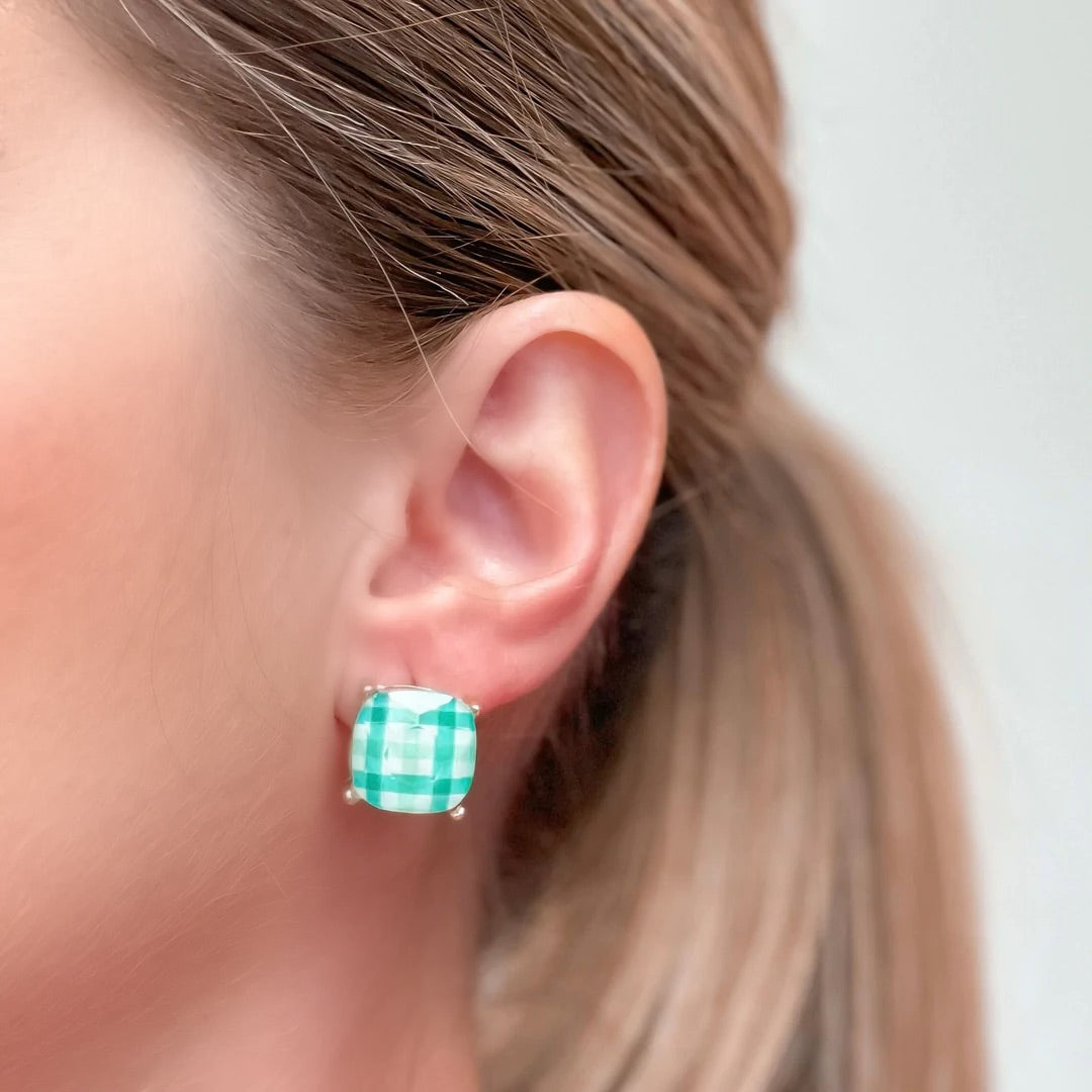 Preppy Green Printed Glass Stud Earrings