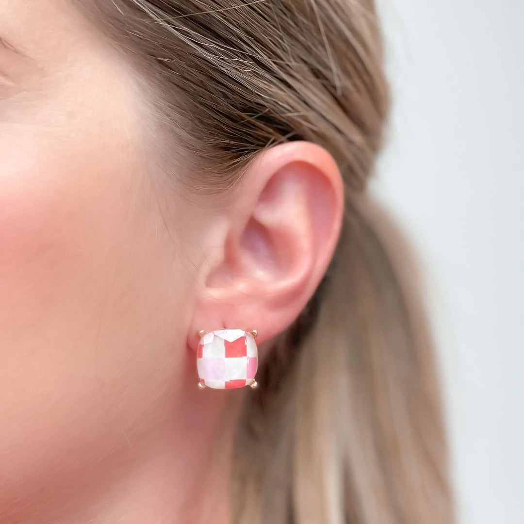 Pink Check Printed Glass Stud Earrings