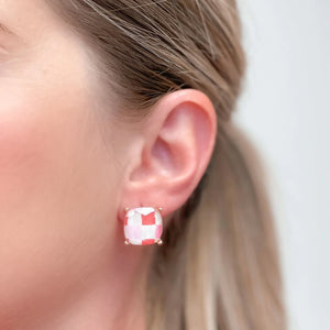 Pink Check Printed Glass Stud Earrings