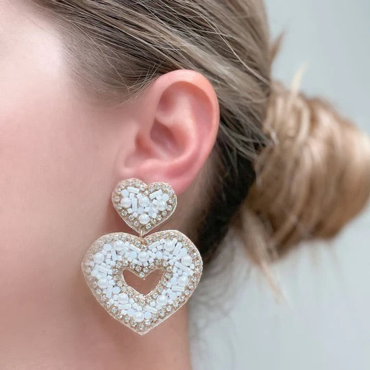 Sparkly Beaded Double Heart Dangle Earrings