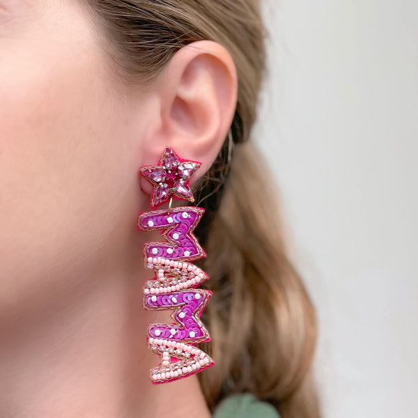 'Love Mama' Beaded Dangle Earrings - Pink