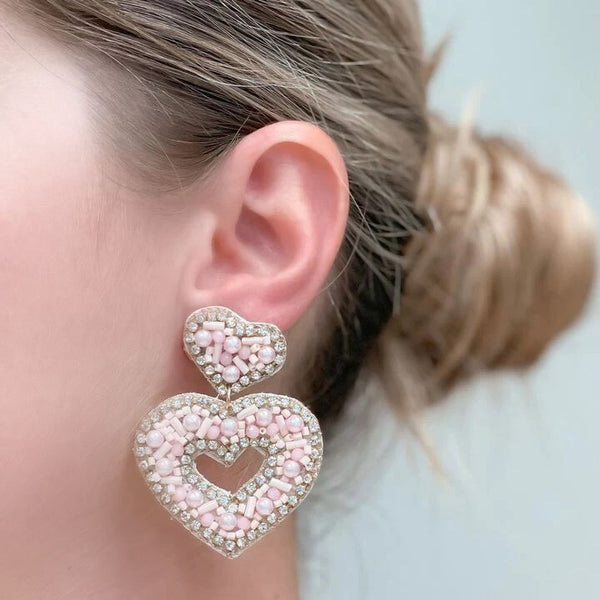 Sparkly Beaded Double Heart Dangle Earrings