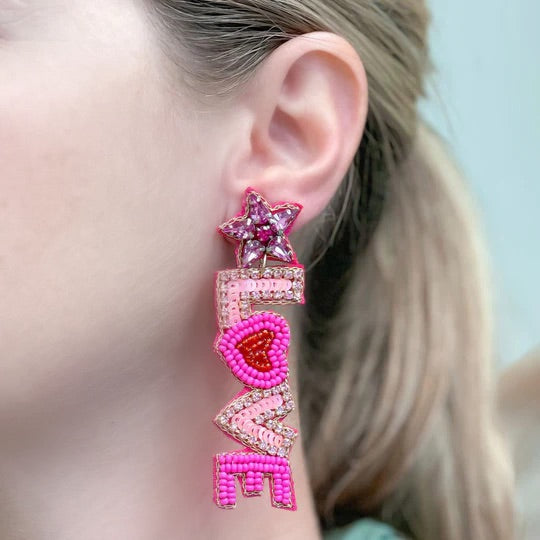 'Love Mama' Beaded Dangle Earrings - Pink