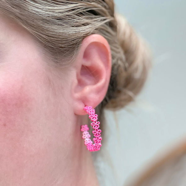 Textured Metal Flower Hoop Earrings