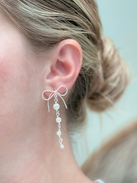 Dainty Bow & Pearl Chain Dangle Earrings