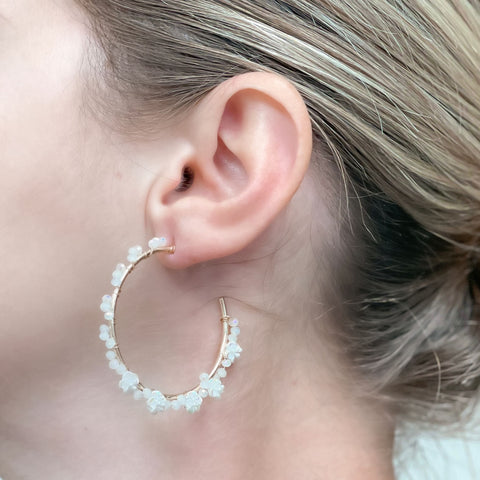 Dainty White Flower Gold Hoop Earrings