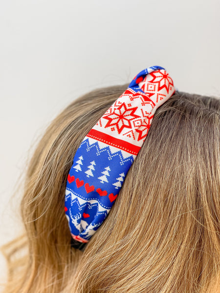 Fair Isle Printed Top Knot Headband - Red & Blue