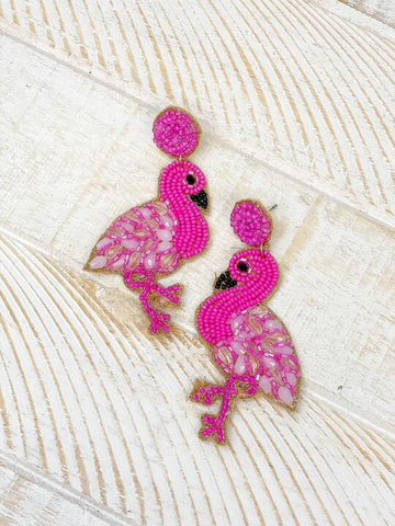 Fuchsia Flamingo Beaded Dangle Earrings