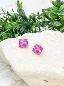 Dahlia Flower Print Crystal Stud Earrings