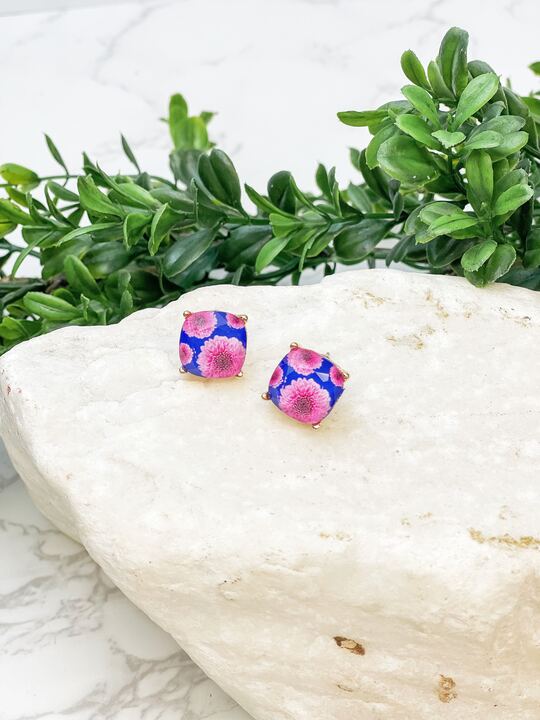 Dahlia Flower Print Crystal Stud Earrings