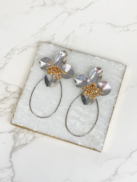 Oval Flower Statement Dangle Earrings