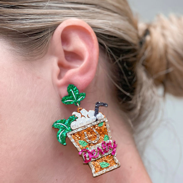 Glitter Derby Mint Julep Dangle Earrings