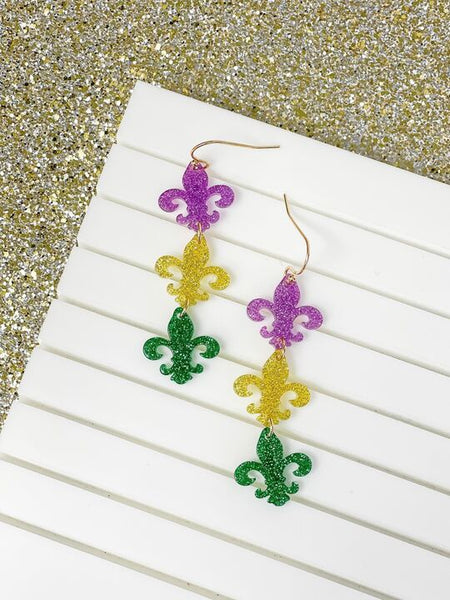 Shimmer Fleur De Lis Trio Dangle Earrings