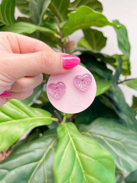 Pink Glitter Heart Stud Earrings