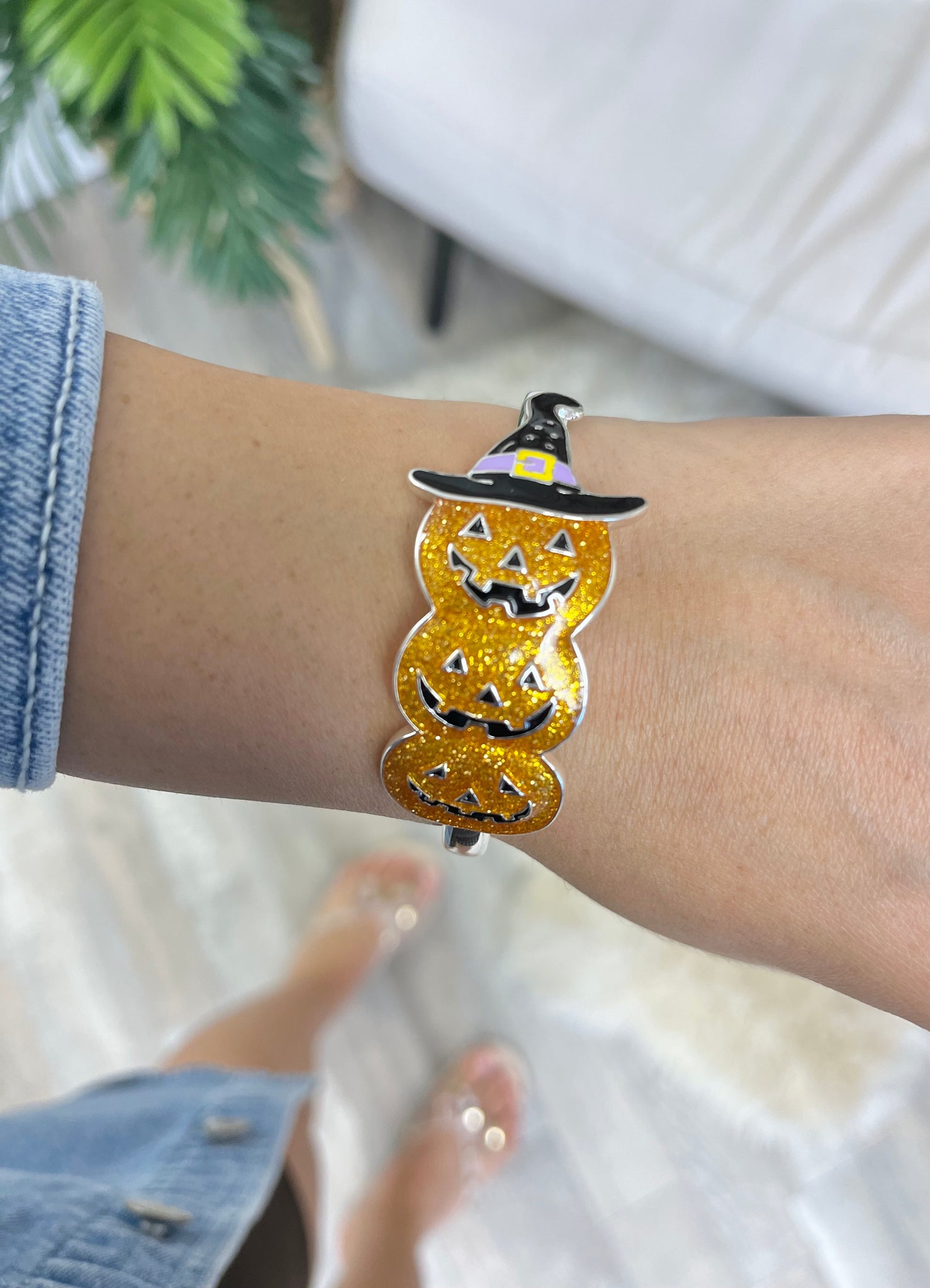Glitter Jack-O-Lantern Stretch Bangle Bracelet